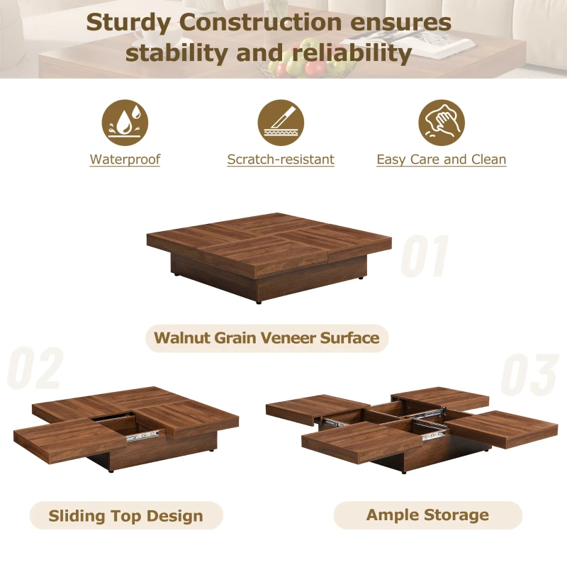 Square Marble Veneer Coffee Table with Sliding Top and Storage, Modern Sofa Table with MDF Construction, 39.5" L x 39.5" W x 10" H, Walnut