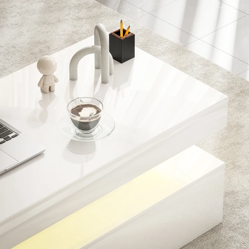 HOMCOM LED Coffee Table, Living Room Table with 2 Drawers and Open Shelf, High Gloss White