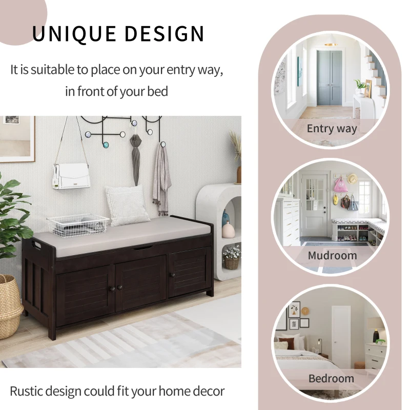 Rustic Storage Bench with Shutter-shaped Doors, Hidden Storage and Removable Cushion, 43.5" L x 16 " W x 18" H, Dark Brown