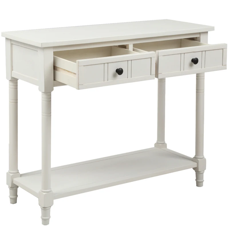 Daisy Series Console Table with Two Drawers and Bottom Shelf, Easy Assembly, Pine Wood Frame, 35.5" L x 14" W x 30" H, Ivory White