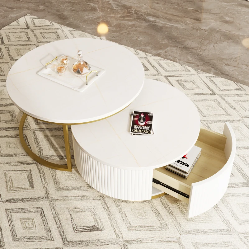 Modern Round Nesting Coffee Table Set with Fluted Design, Storage Drawer, MDF Top and Metal Base, 27.5" L x 27.5" W x 16" H, White+Gold