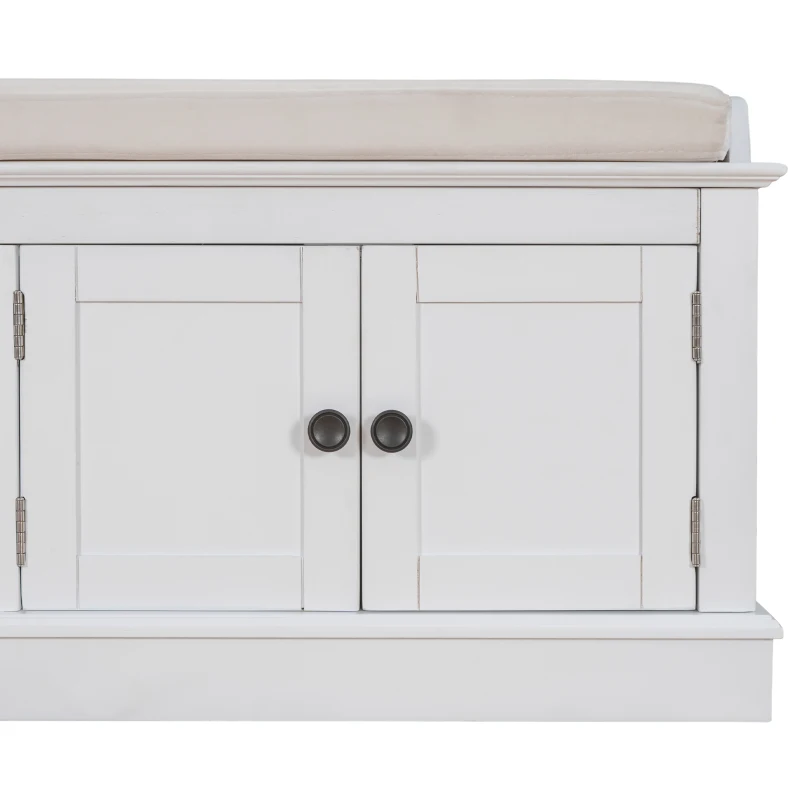 Storage Bench with 4 Doors and Adjustable Shelves, Shoe Bench with Removable Cushion for Entryway, 43" L x 16" W x 17.5" H, White