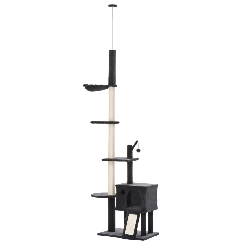 PawHut 106" Huge Cat Tree Floor-to-Ceiling, Cat Climbing Tower, Kitty Activity Center with Scratching Post Board, Hammock, Hanging Ball, Rest Dark Gray