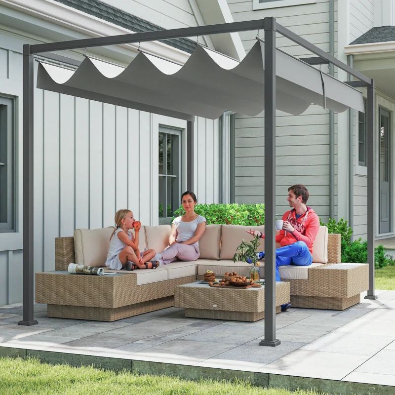 Outsunny 10x7ft Pergola with Retractable Roof Outdoor Patio Sun Shelter Garden Grape Tent Water-resistant Yard Shade Grey