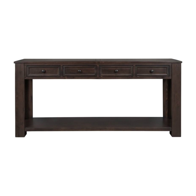 Rustic Chic Console Table with 4 Storage Drawers, Bottom Shelf, Solid Wood Frame, All Tools Included, 63" L x 14" W x 30" H, Dark Brown