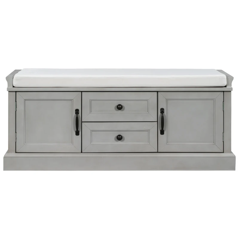 Storage Bench with 4 Doors and Adjustable Shelves, Removable Cushion for Entryway, 43" L x 16" W x 17.5" H, Gray