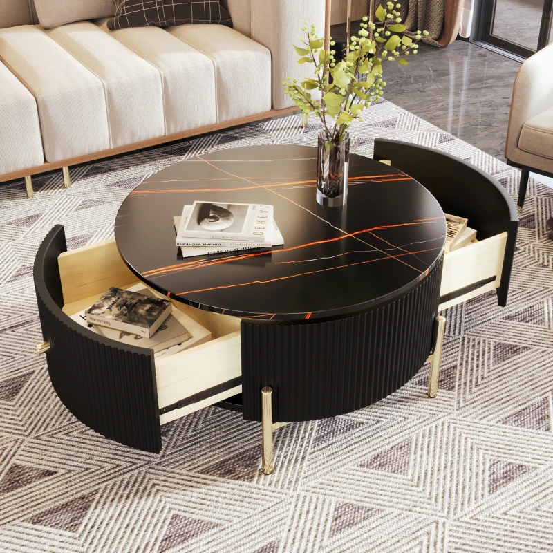 Modern Round Coffee Table with 2 Large Drawers, MDF Construction, Mrable Sofa Table with Golden Legs, 31.5" L x 31.5" W x 17" H, Black+Gold