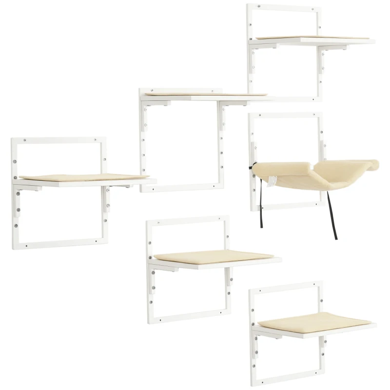 PawHut Cat Shelves for Indoor Cats, 6Pc Modern Cat Wall Furniture with Adjustable Height Jumping Platforms & Hammock, Cream White