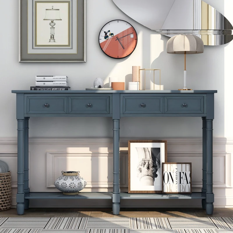 Console Table with Two Storage Drawers and Bottom Shelf, Solid Wood Frame, Easy Assembly, 58" L x 11" W x 34" H, Navy Blue