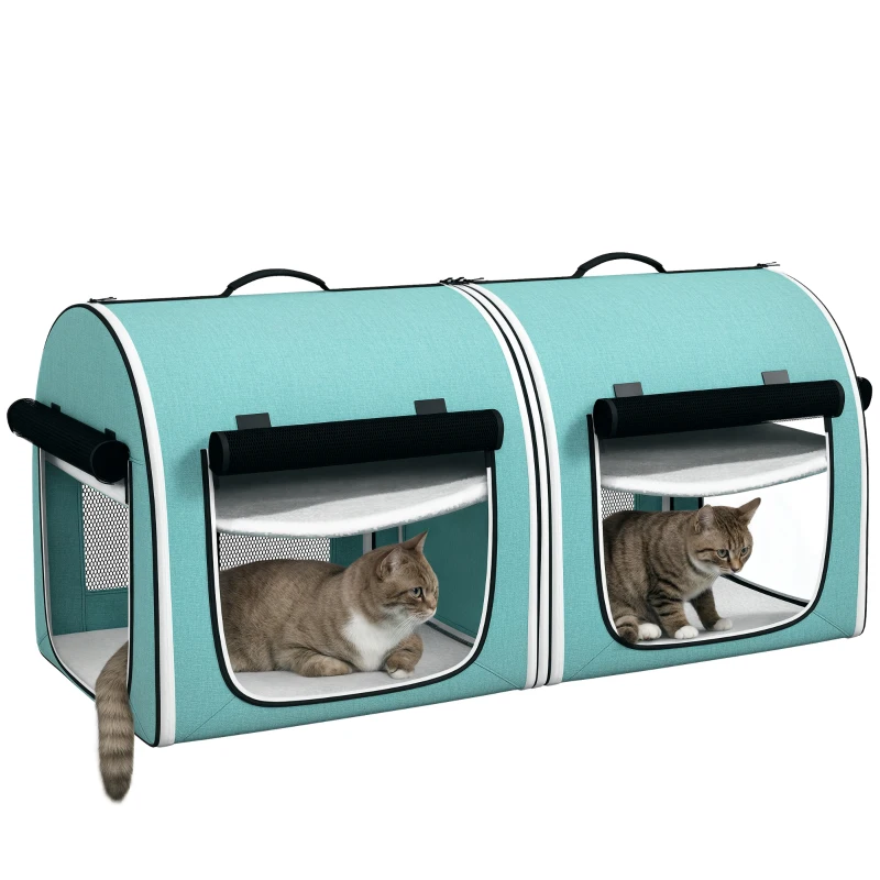PawHut 39" Portable Soft 2 Sided Pet Cat Carrier with Divider, Two Compartment, Soft Cushions, & Storage Bag, Green