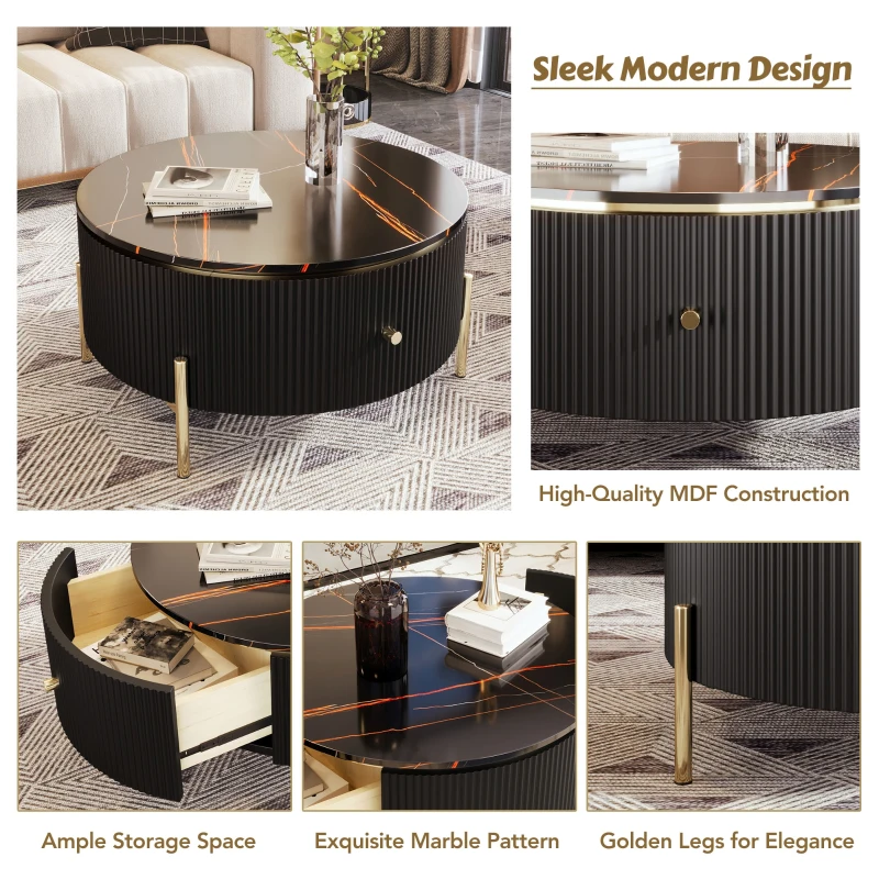 Modern Round Coffee Table with 2 Large Drawers, MDF Construction, Mrable Sofa Table with Golden Legs, 31.5" L x 31.5" W x 17" H, Black+Gold