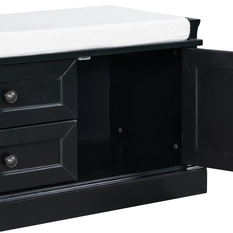 Storage Bench with Multi-Purpose Storage and Adjustable Shelves, Removable Cushion for Entryway, 43" L x 16" W x 17.5" H, Black