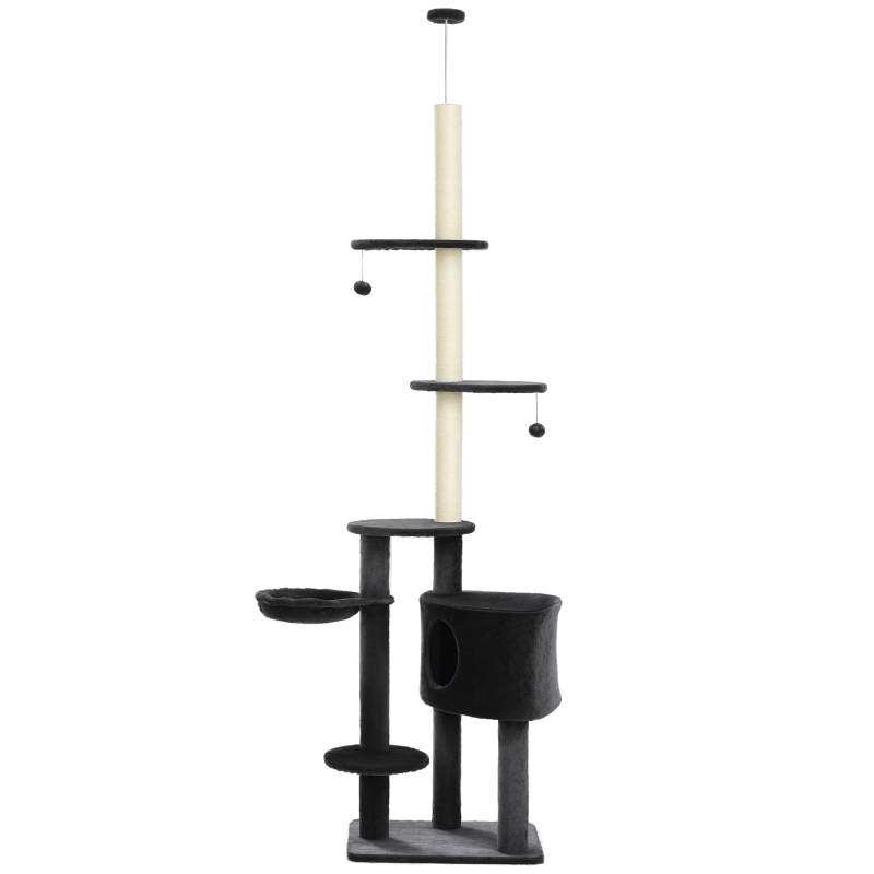 PawHut Adjustable Height Floor-To-Ceiling Vertical Cat Tree with Carpet Platforms, Condo & Rope Scratching Areas, Dark Grey