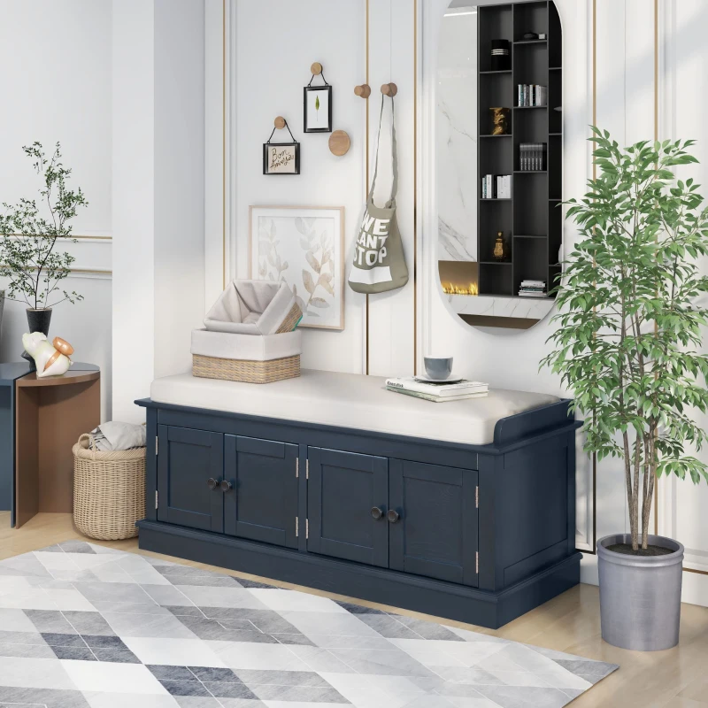 Storage Bench with 4 Doors and Comfortable Seating, Adjustable Shelves and Removable Cushion for Entryway, 43" L x 16" W x 17.5" H, Antique Navy