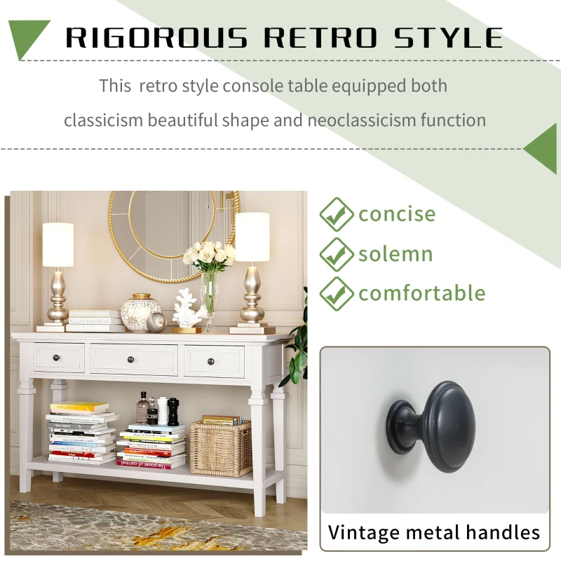 Classic Retro Console Table with 3 Drawers, Open Shelf, Solid Pine Wood Frame, Ideal for Entryway, Hallway, 50" L x 15" W x 30" H, White