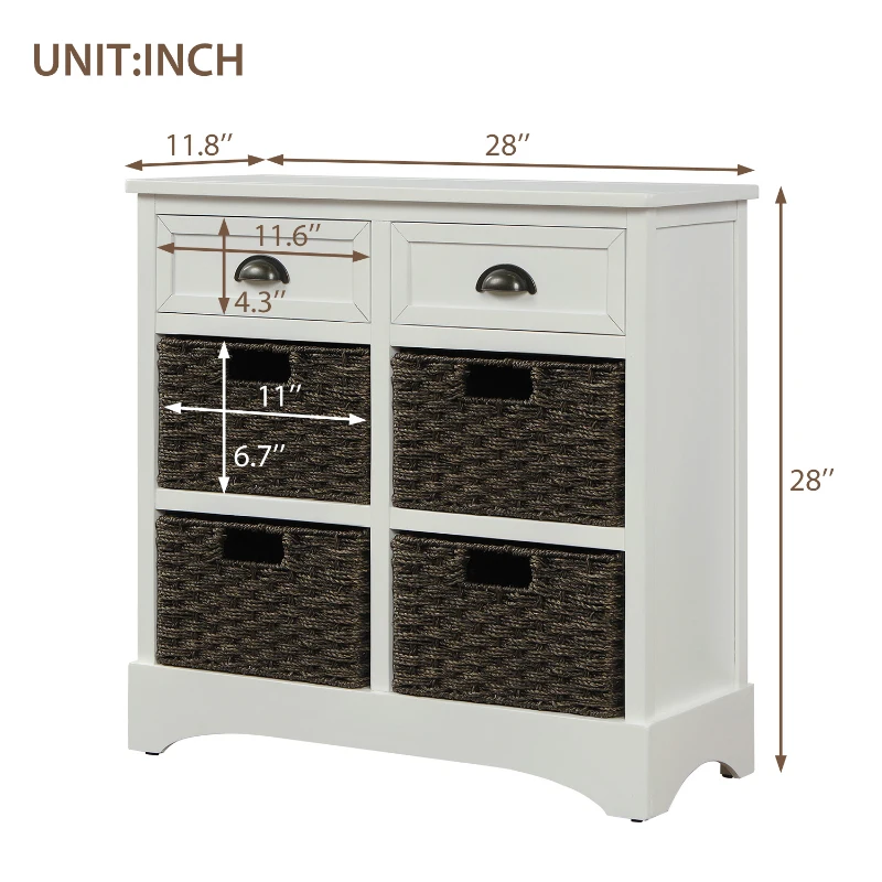 Rustic Storage Cabinet with Two Drawers and Four Rattan Baskets, Modern Farmhouse Style, Acacia Wood Frame, 28" L x 12" W x 28" H, White