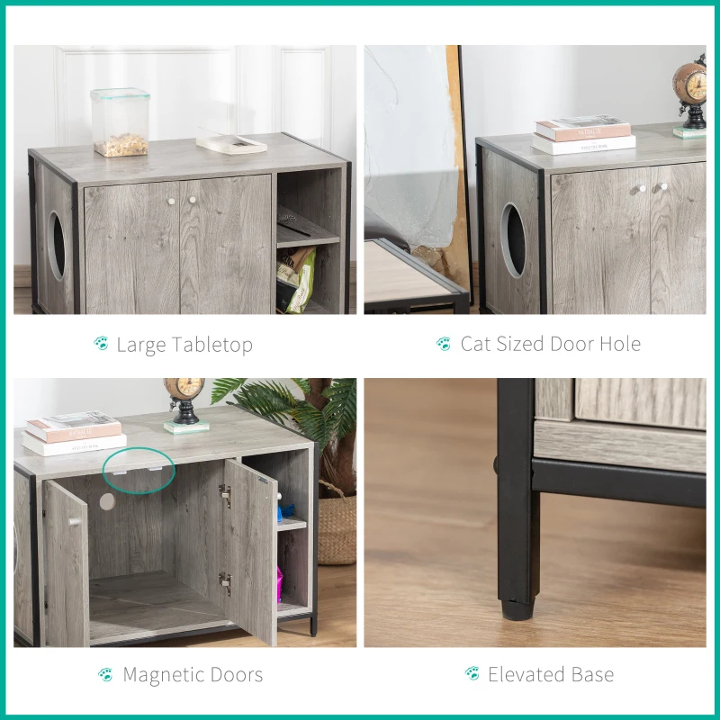 PawHut Large Wooden & Steel Cat Litter Box Enclosure, Kitten Washroom End Table, Indoor Hidden Cat House with Magnetic Doors & Storage Shelves, Gray
