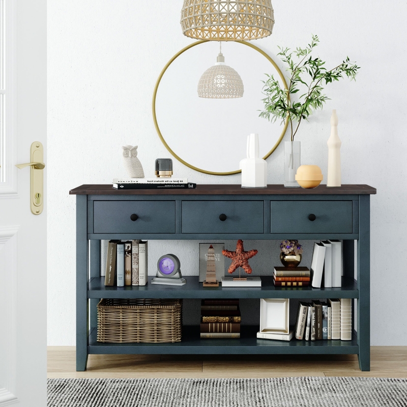 Mid-Century Retro Console Table with 2 Open Shelves, Navy
