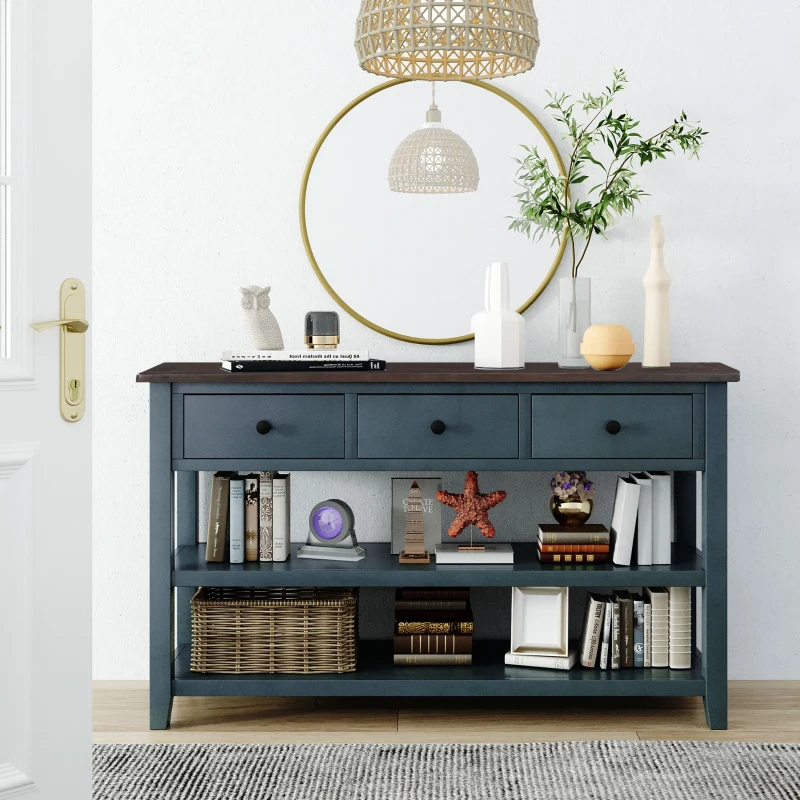 Mid-Century Retro Console Table with 2 Open Shelves, 3 Drawers, Pine Solid Wood Frame, MDF Tabletop, 50" L x 16" W x 30" H, Navy