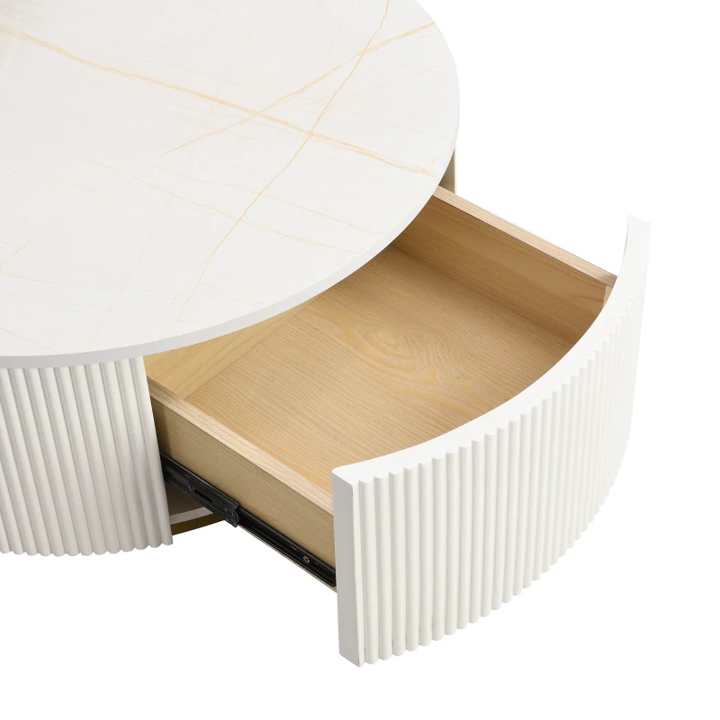 Modern Round Nesting Coffee Table Set with Fluted Design, Storage Drawer, MDF Top and Metal Base, 27.5" L x 27.5" W x 16" H, White+Gold