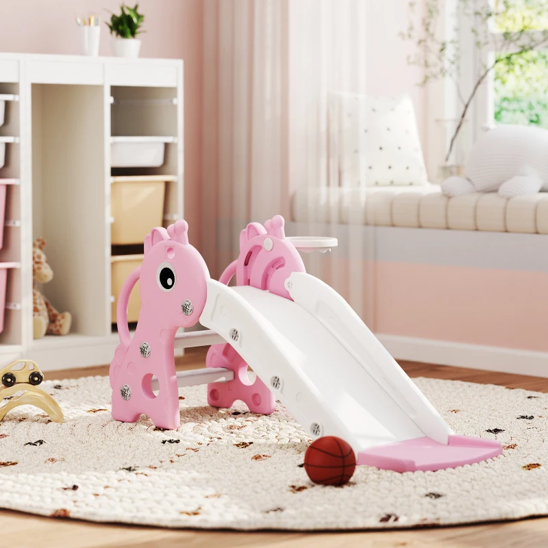 Qaba 3 in 1 Toddler Slide for Age 1-3, Kids Slide with Climber, Basketball Hoop and Ball, Giraffe Design, Pink