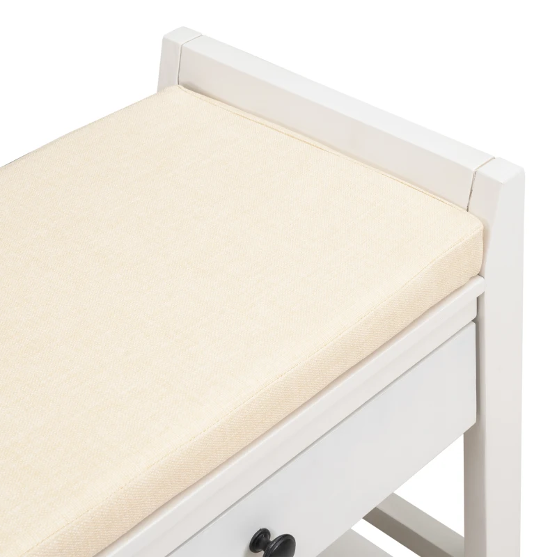Multipurpose Entryway Storage Bench with Pine Wood Construction, Shoe Rack with Cushioned Seat and Drawers, 39" L x 14" W x 20" H, White