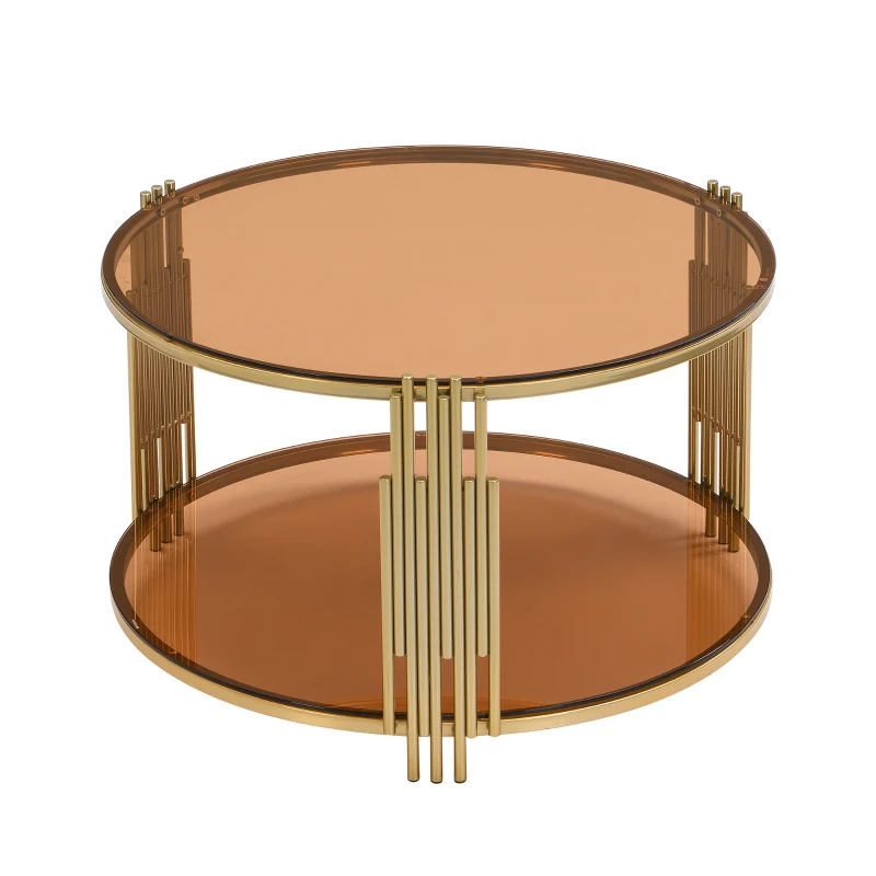 Modern Asymmetrical Coffee Table with Brown Glass Top, Circular Metal Drum Base, Lower Shelf, 31.5" L x 31.5" W x 20" H, Brown