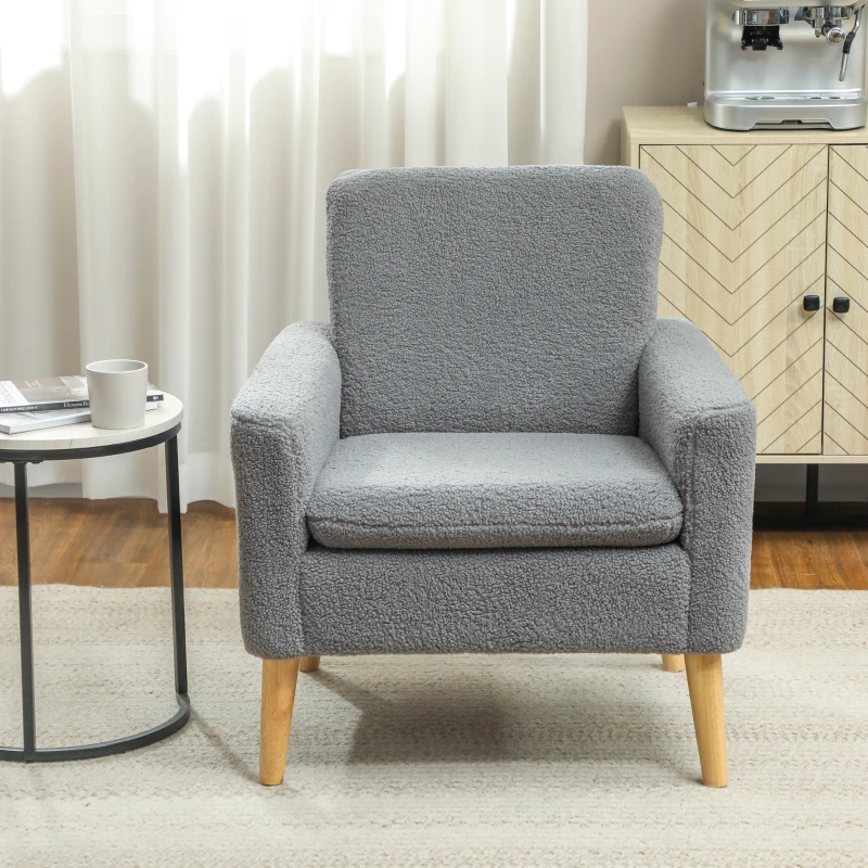 HOMCOM Fabric Accent Chair, Modern Upholstered Armchair with Wood Legs and Wide Padded Seat, Grey