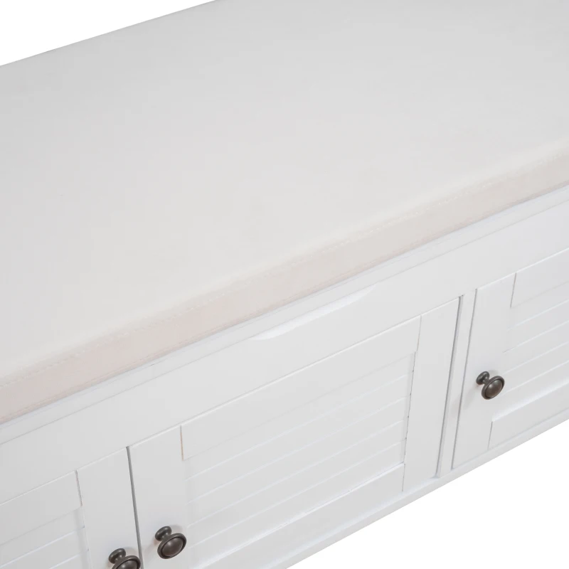 Rustic Storage Bench with Shutter-shaped Doors, Removable Cushion and Hidden Storage, 43.5" L x 16 " W x 18" H, White