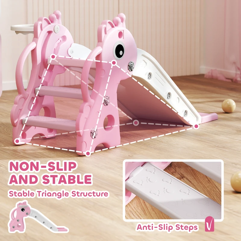 Qaba 3 in 1 Toddler Slide for Age 1-3, Kids Slide with Climber, Basketball Hoop and Ball, Giraffe Design, Pink