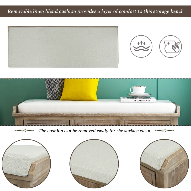 Rustic Storage Bench with 3 Drawers and Rattan Baskets, Acacia Wood Shoe Bench for Entryway, 42" L x 15.5" W x 19" H, White+Wood