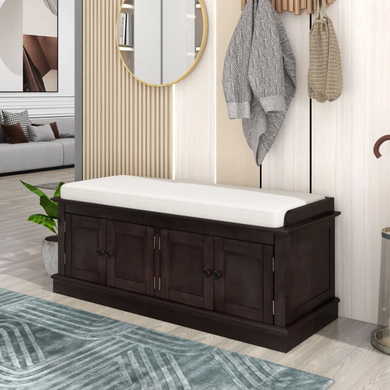 Storage Bench with Multi-Purpose Storage and Adjustable Shelves, Removable Cushion for Entryway, 43" L x 16" W x 17.5" H, Dark Brown