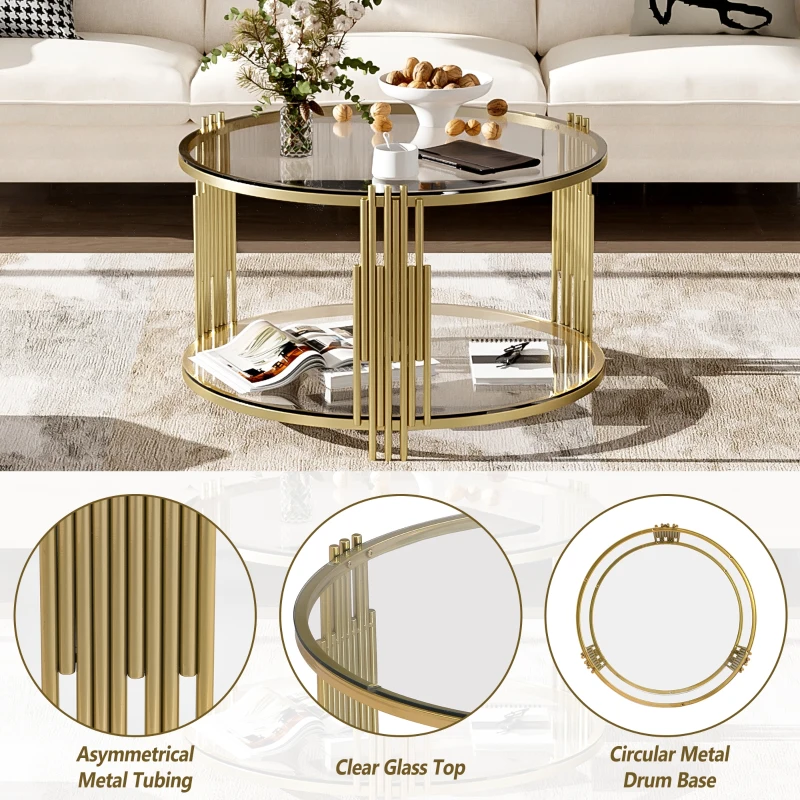 Modern Glass Coffee Table with Asymmetrical Metal Design, Circular Drum Base, Sofa Table with Lower Shelf, 31.5" L x 31.5" W x 20" H, Gold