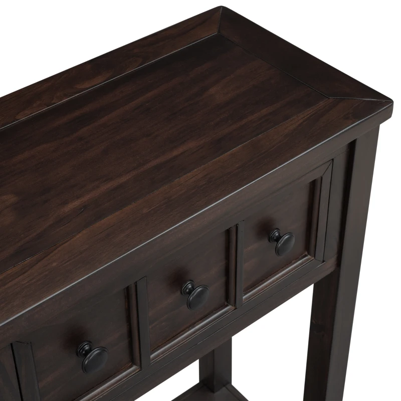 Rustic Entryway Console Table with Two Size Drawers, Bottom Shelf, Solid Timber Frame, Distressed Finish, 60" L x 11" W x 34" H, Dark Brown