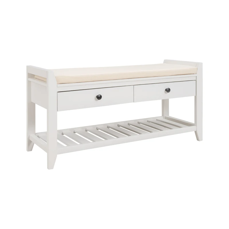 Multipurpose Entryway Storage Bench with Pine Wood Construction, Shoe Rack with Cushioned Seat and Drawers, 39" L x 14" W x 20" H, White
