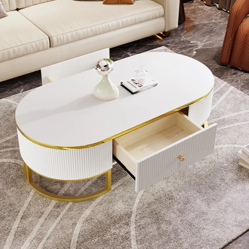 Modern High-Gloss Oval Coffee Table with Storage Drawers, Gold Lacquered Metal Base, Curved Design, 47" L x 23.5" W x 14.5" H, White+Gold