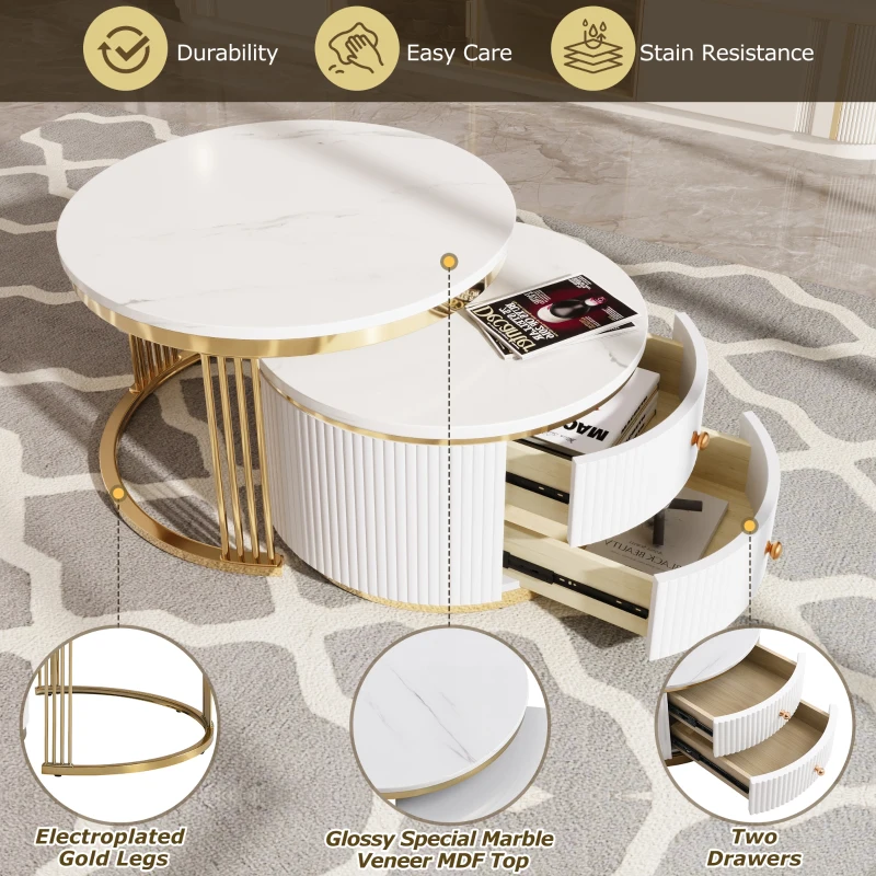 Modern Round Nesting Coffee Table Set with Drawers, MDF Top and Gold Legs, 2 Piece Set, 27.5" L x 27.5" W x 17.5" H, White+Gold