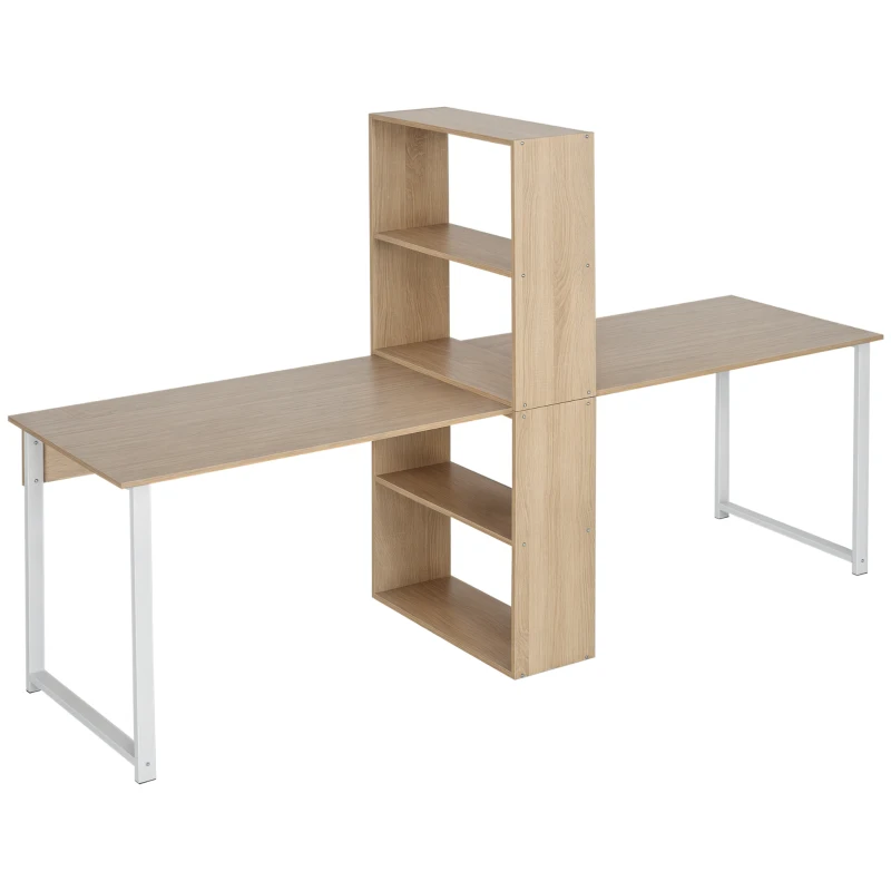 HOMCOM 88" Extra Long 2-Person Computer Desk with Storage Shelves Combo, Double Workstation Storage Study Writing Table for Home Office, Bookshelf, Natural Wood Color