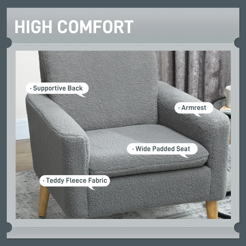 HOMCOM Fabric Accent Chair, Modern Upholstered Armchair with Wood Legs and Wide Padded Seat, Grey