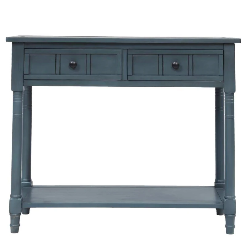 Daisy Series Console Table, Traditional Design with Two Drawers and Bottom Shelf, Pine Wood Frame, 35.5" L x 14" W x 30" H, Navy