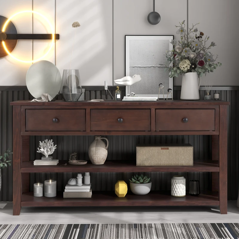 Retro Style Console Table with 3 Drawers and 2 Open Shelves, Pine Wood Frame, Circular Handles, 50" L x 16" W x 30" H, Dark Brown