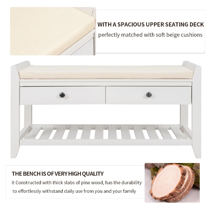 Multipurpose Entryway Storage Bench with Pine Wood Construction, Shoe Rack with Cushioned Seat and Drawers, 39" L x 14" W x 20" H, White