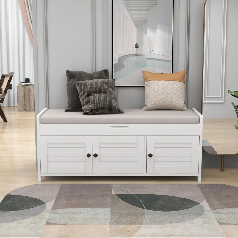 Rustic Storage Bench with Shutter-shaped Doors, Removable Cushion and Hidden Storage, 43.5" L x 16 " W x 18" H, White