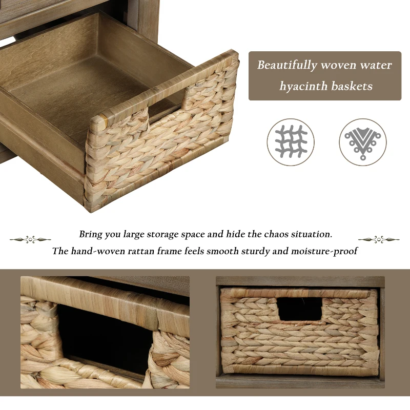 Rustic Storage Bench with 3 Drawers and Rattan Baskets, Acacia Wood Shoe Bench for Entryway, 42" L x 15.5" W x 19" H, White+Wood