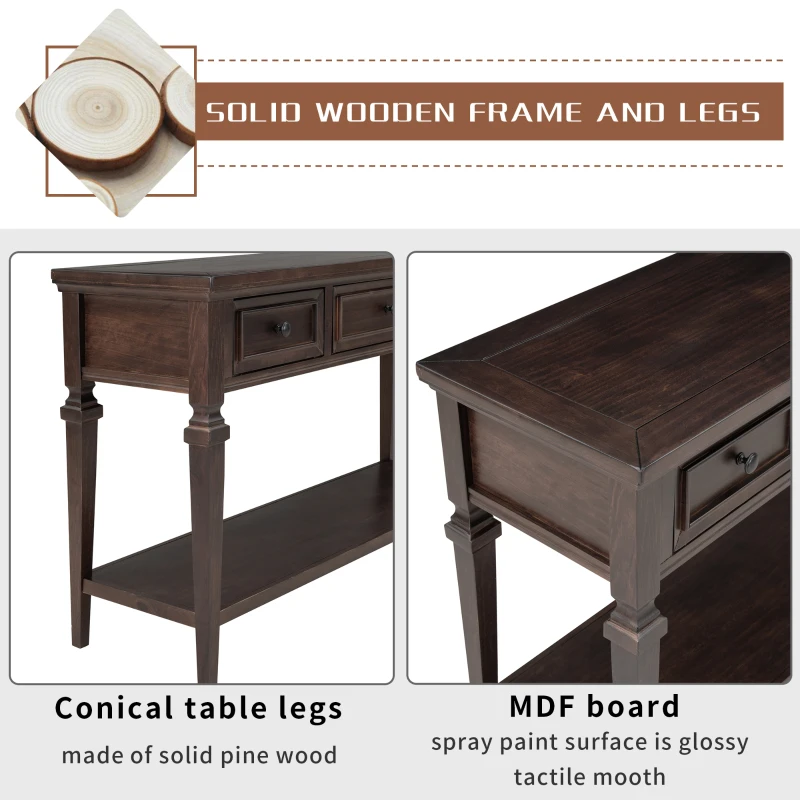 Classic Retro Console Table with 3 Drawers, Open Shelf, Pine Wood Frame, Perfect for Entryway, Living Room, 50" L x 15" W x 30" H, Dark Brown
