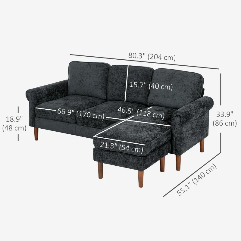HOMCOM L Shape Sofa, Modern Sectional Couch with Changeable Chaise Lounge, Wooden Legs, Corner Sofa for Living Room, Black