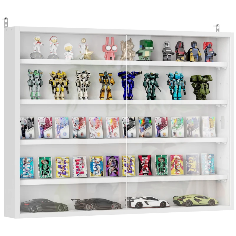 HOMCOM 5-Tier Display Cabinet, Wall-Mounted Display Case with 2 Glass Doors and Adjustable Shelves, White