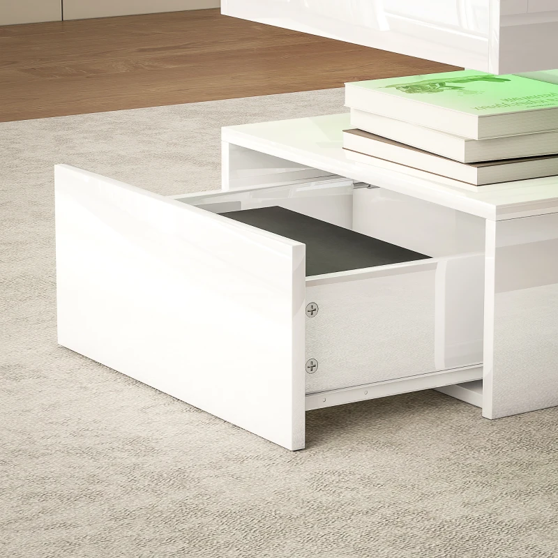 HOMCOM LED Coffee Table, Living Room Table with 2 Drawers and Open Shelf, High Gloss White