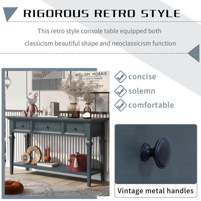 Classic Retro Console Table with 3 Drawers, Open Shelf, Solid Pine Wood Frame, Vintage Metal Handles, 50" L x 15" W x 30" H, Navy
