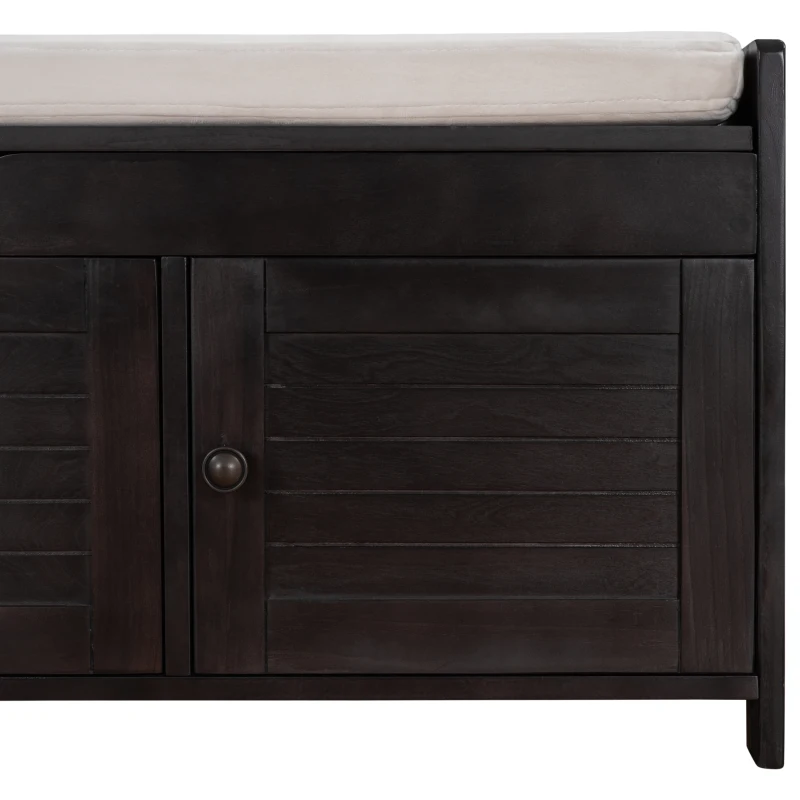 Rustic Storage Bench with Shutter-shaped Doors, Hidden Storage and Removable Cushion, 43.5" L x 16 " W x 18" H, Dark Brown